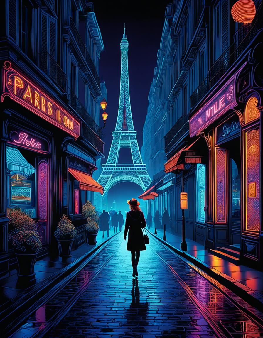 Neon Paris Night Scene in UV Line Art