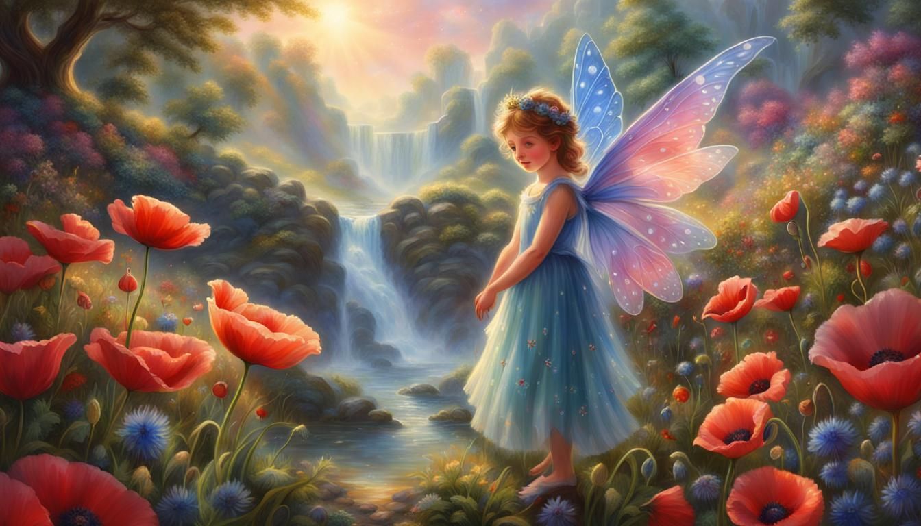 Smiling Flower Fairies in Ethereal Poppy Field