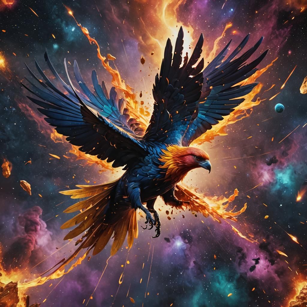 Phoenix Bird Soaring Through Cosmos: Splash Art