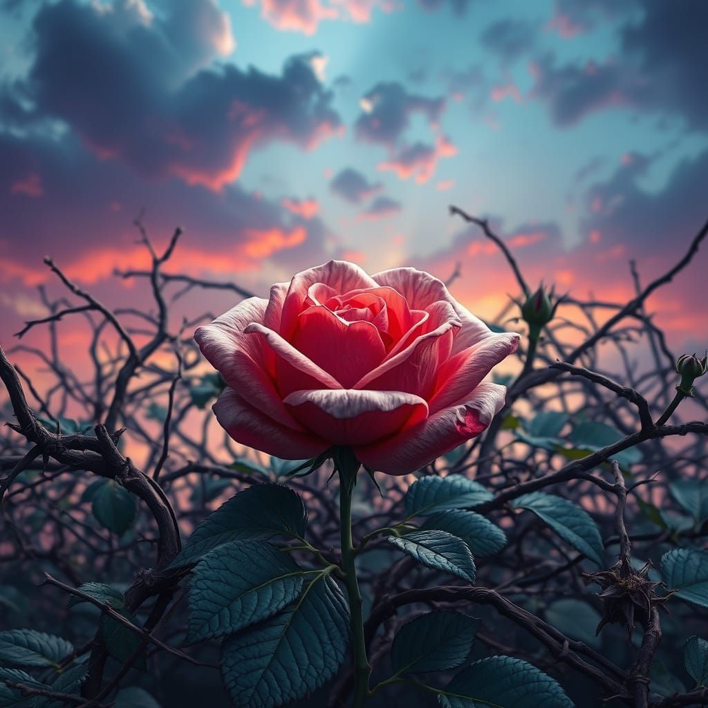 A Vibrant Rose Blooms Amidst Ancient Thorns in a Fantasy Lan...