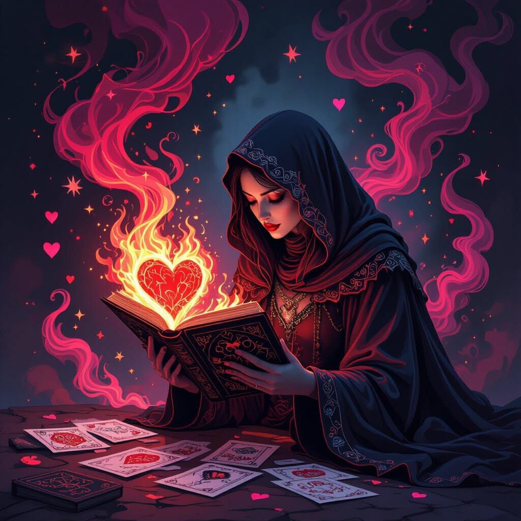 Fiery Heart Fantasy Art with Veiled Figure