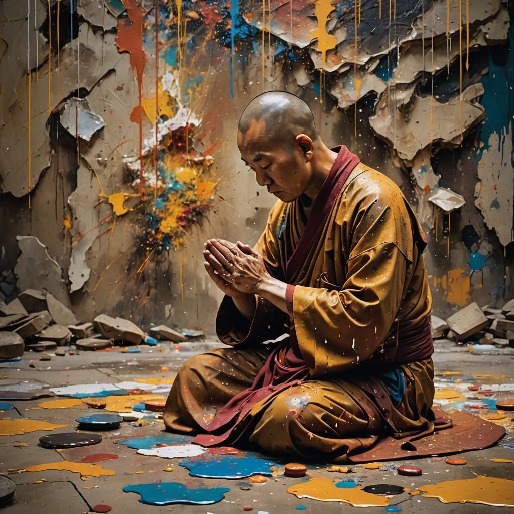Monk Praying in Abstract Action Painting Style