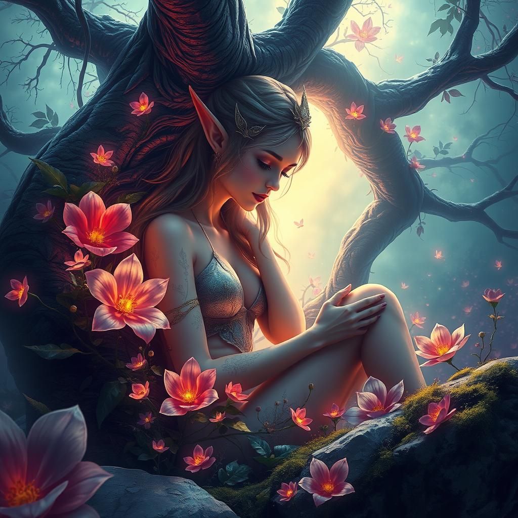 Ethereal Elf Maiden in Enchanted Forest: Matte Painting