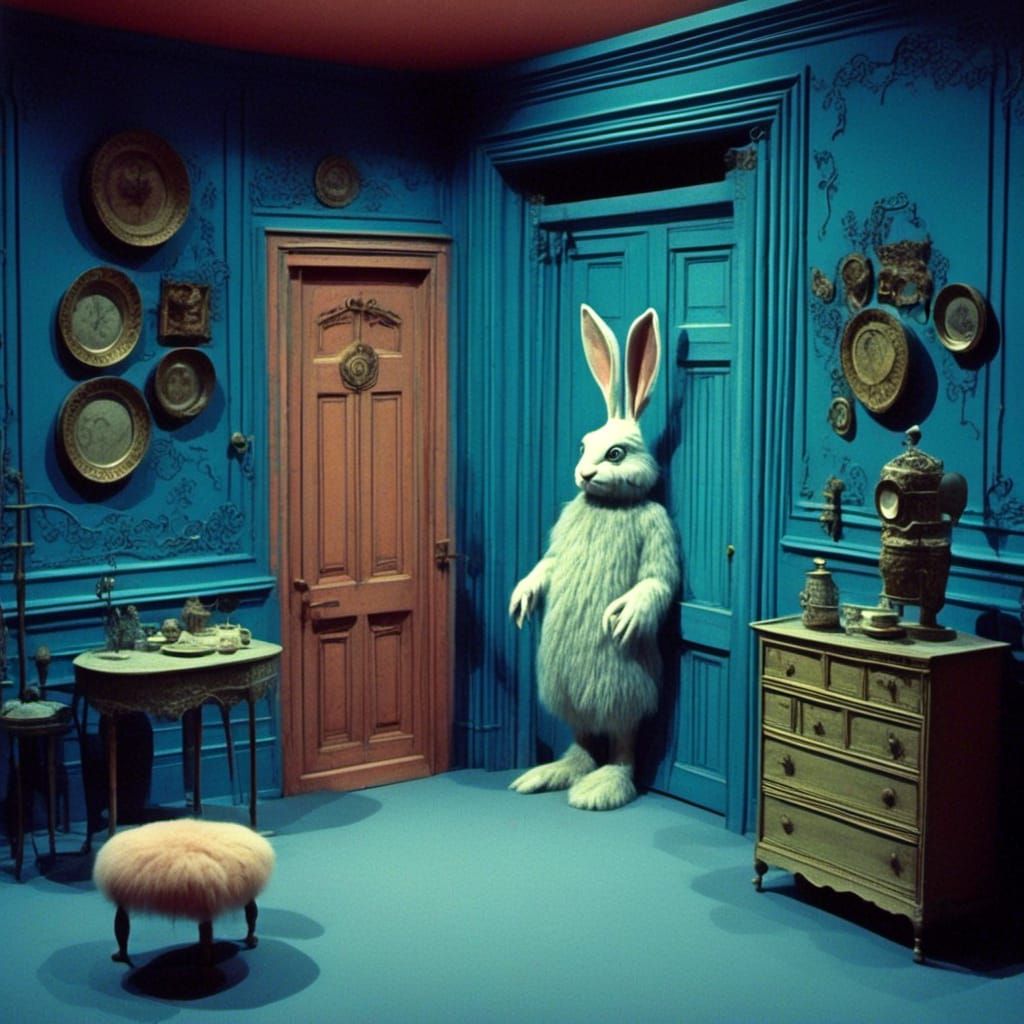 White Rabbit Hiding in a Blue Room