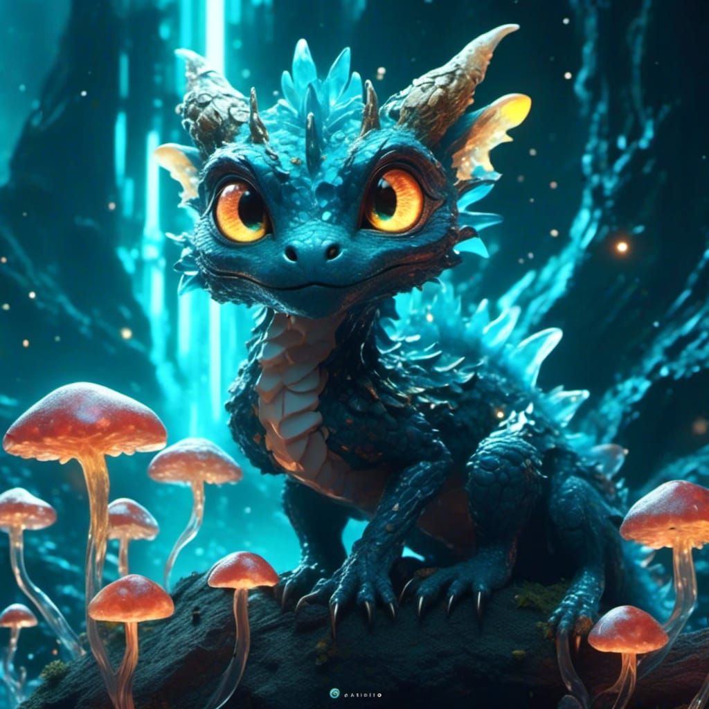 Cute Dragon Portrait with Bioluminescent Mushrooms