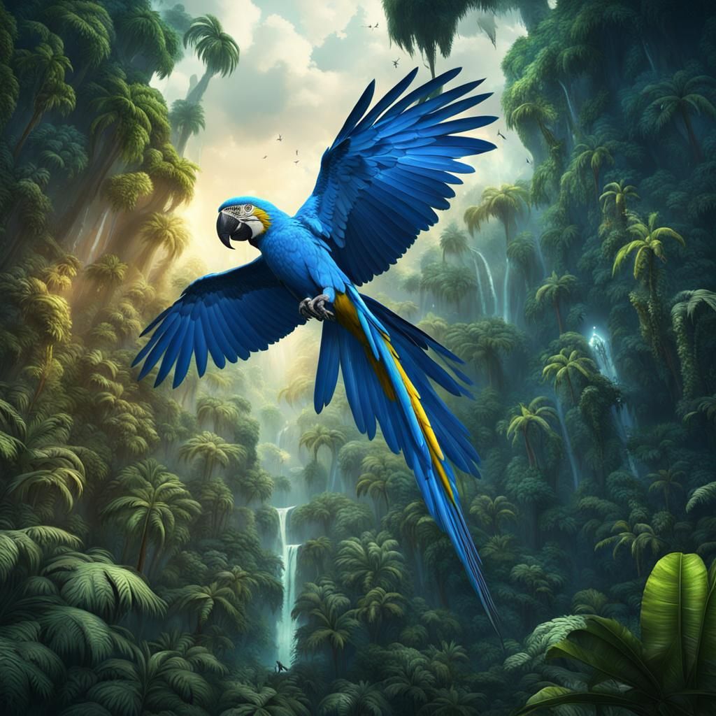Blue Macaw Flight: A Detailed Matte Painting