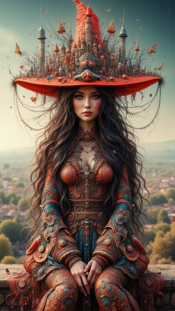 Surreal Witch Portrait with Dreamlike City Hat