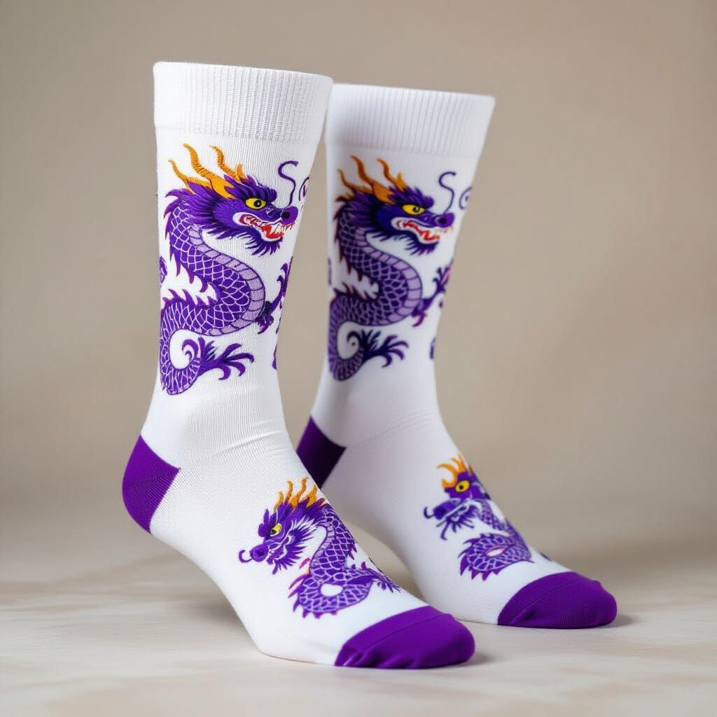 White Socks with Purple Dragons Embroidery