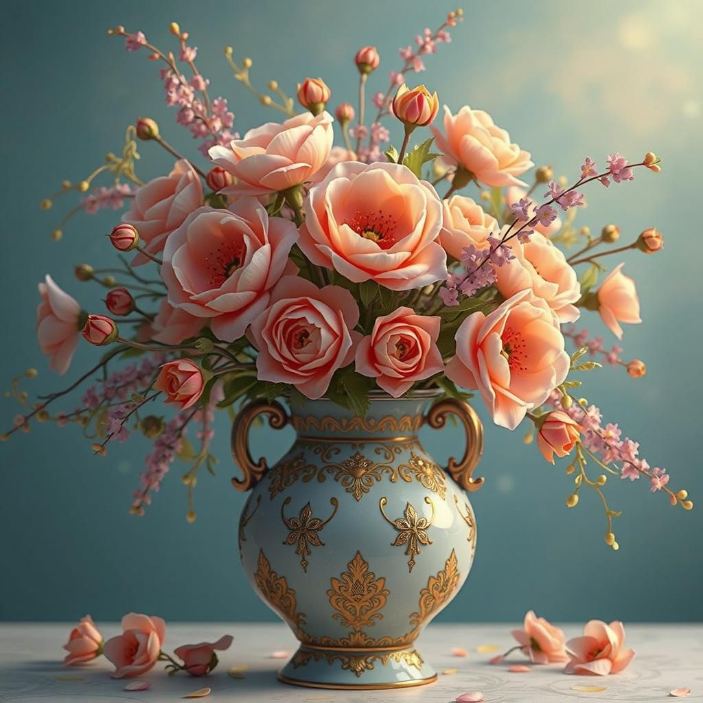 Glowing Flowers in Ornate Vase: Dreamlike Realm