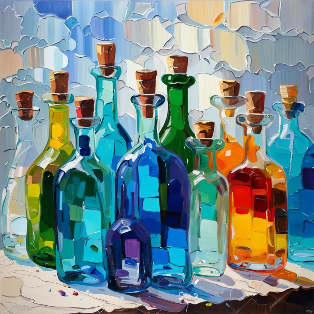 Colorful Glass Bottles in Oil Painting Style