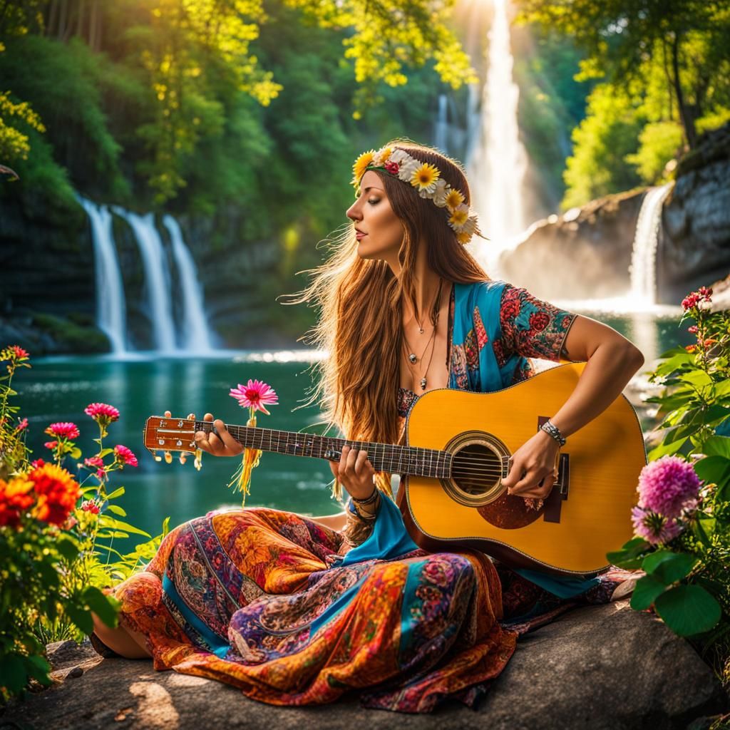 Hippie Woman Plays Guitar by Waterfall