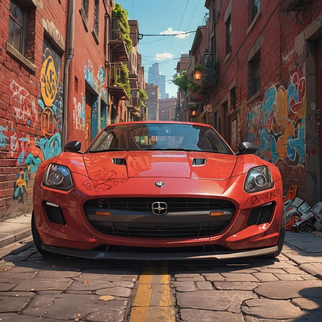 Vibrant cartoon style. Medium shot. A cartoonish red sports ...