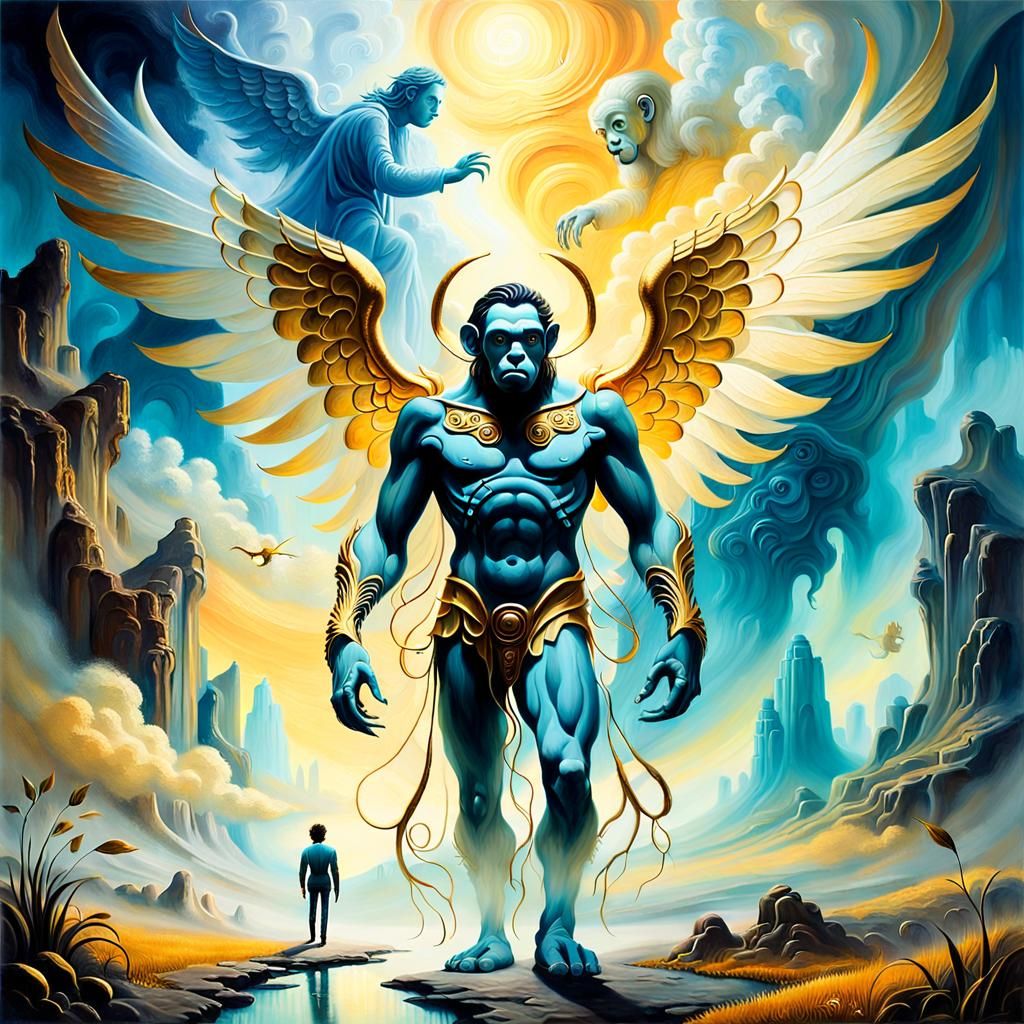 Angelic Ape in Dreamscape: Surreal Oil Painting