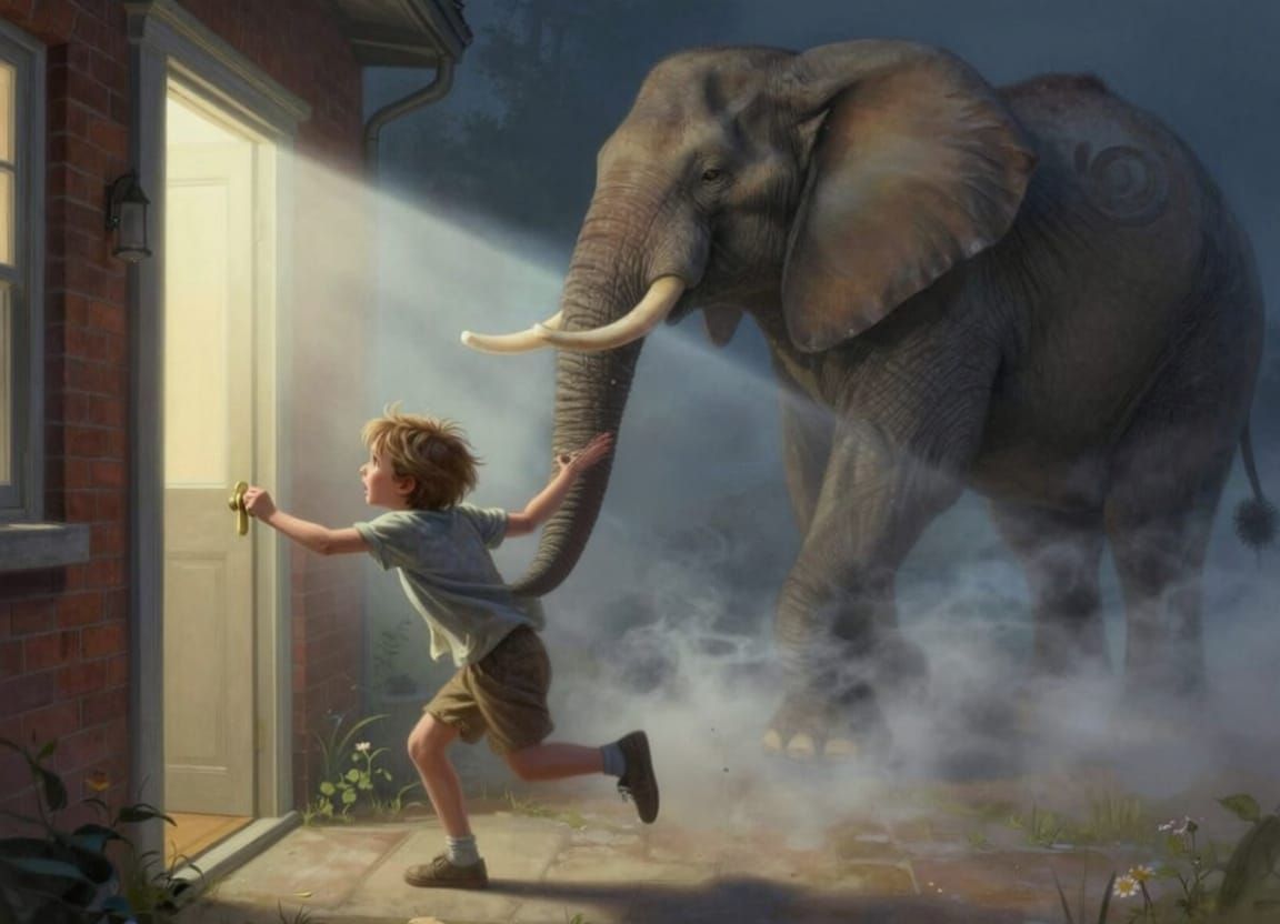 Child Flees Elephant Under Ethereal Mist