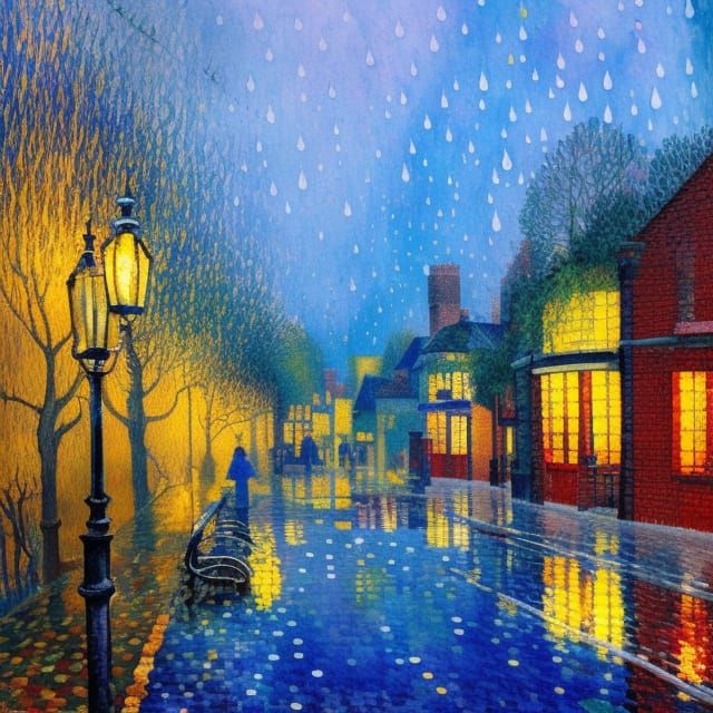 Rainy Day Reflections: Pointillist and Illustration Art