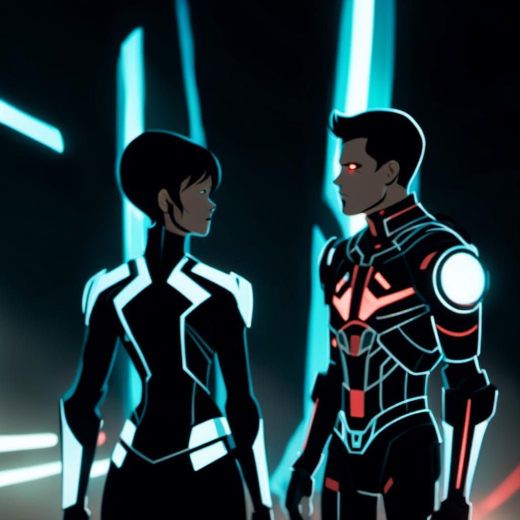 Futuristic Armored Couple Meeting in City Ruins