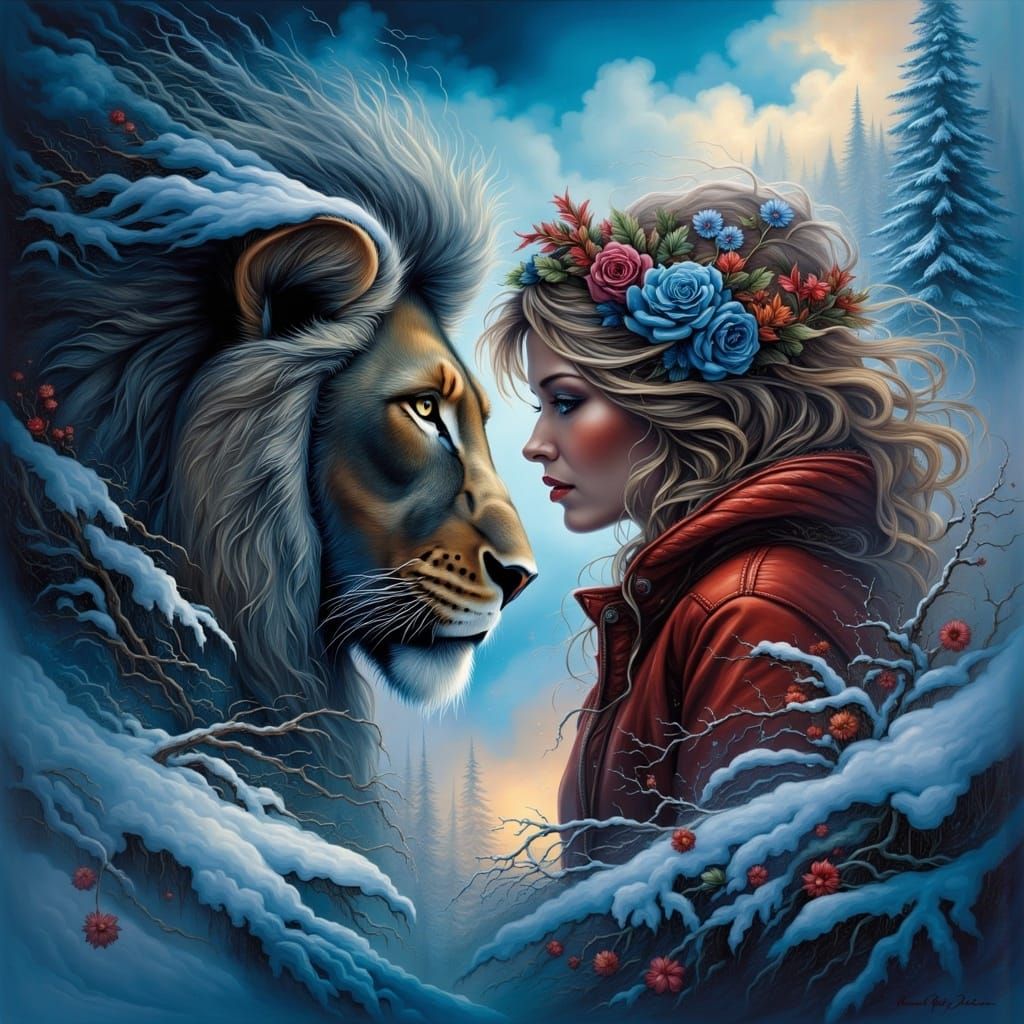 A Beautiful Blonde Woman Walking with Two Lions in a Dramati...