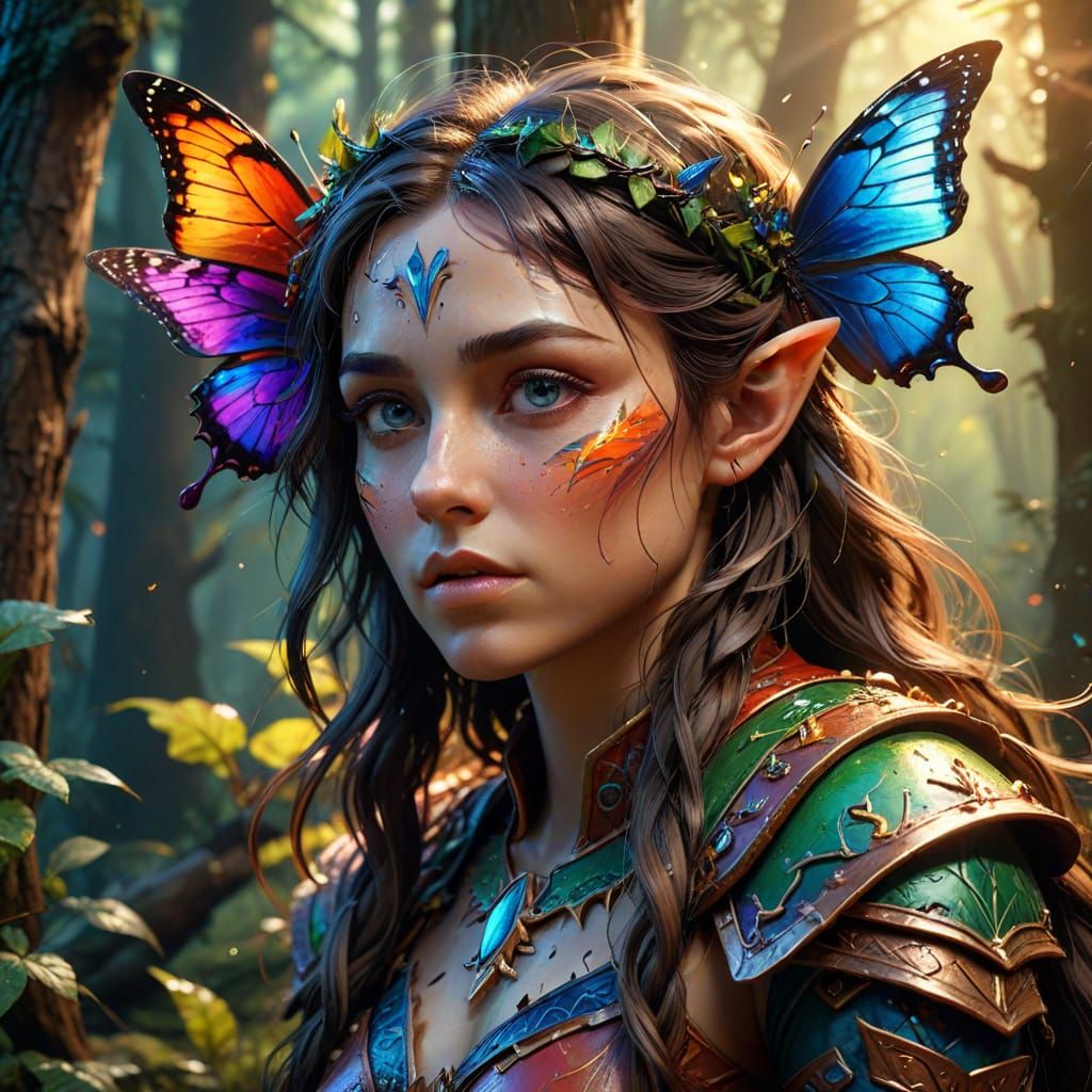 Exhausted Elf Warrior in a Sunny Forest Clearing