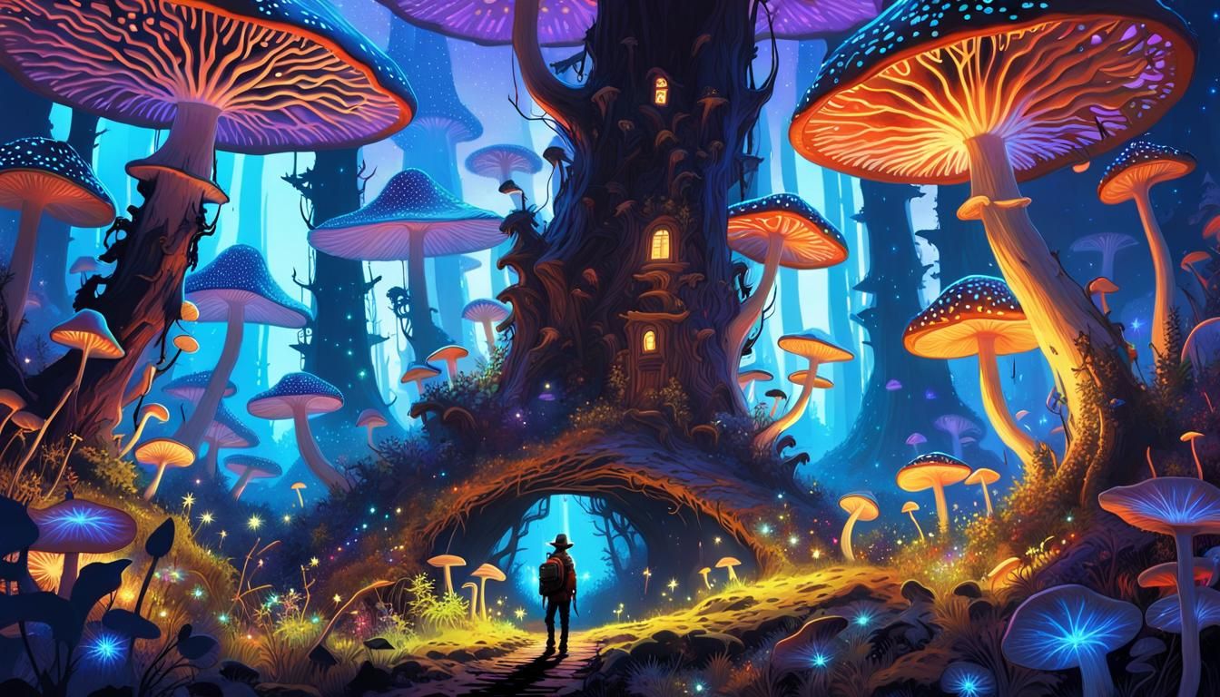 Surreal Bioluminescent Mushroom Forest in UV Painting Style