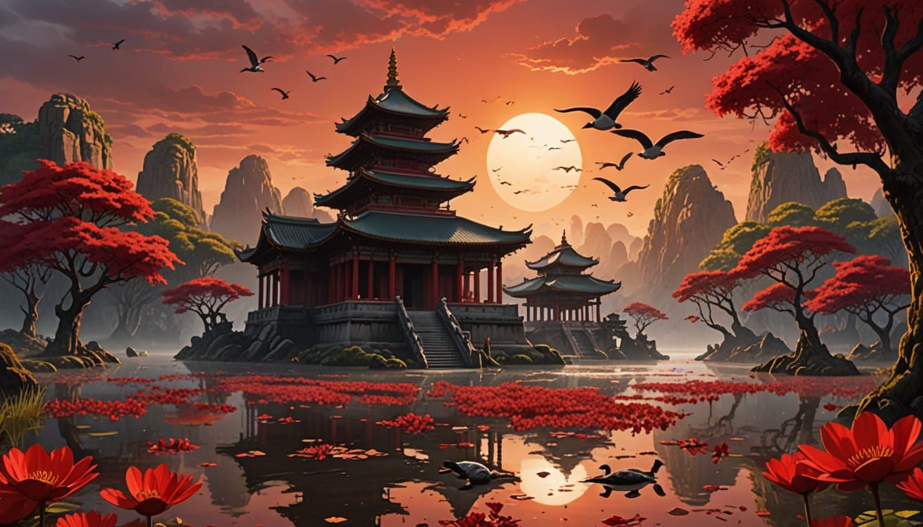 Ancient Temple Ruins at Sunset in Vivid Colors