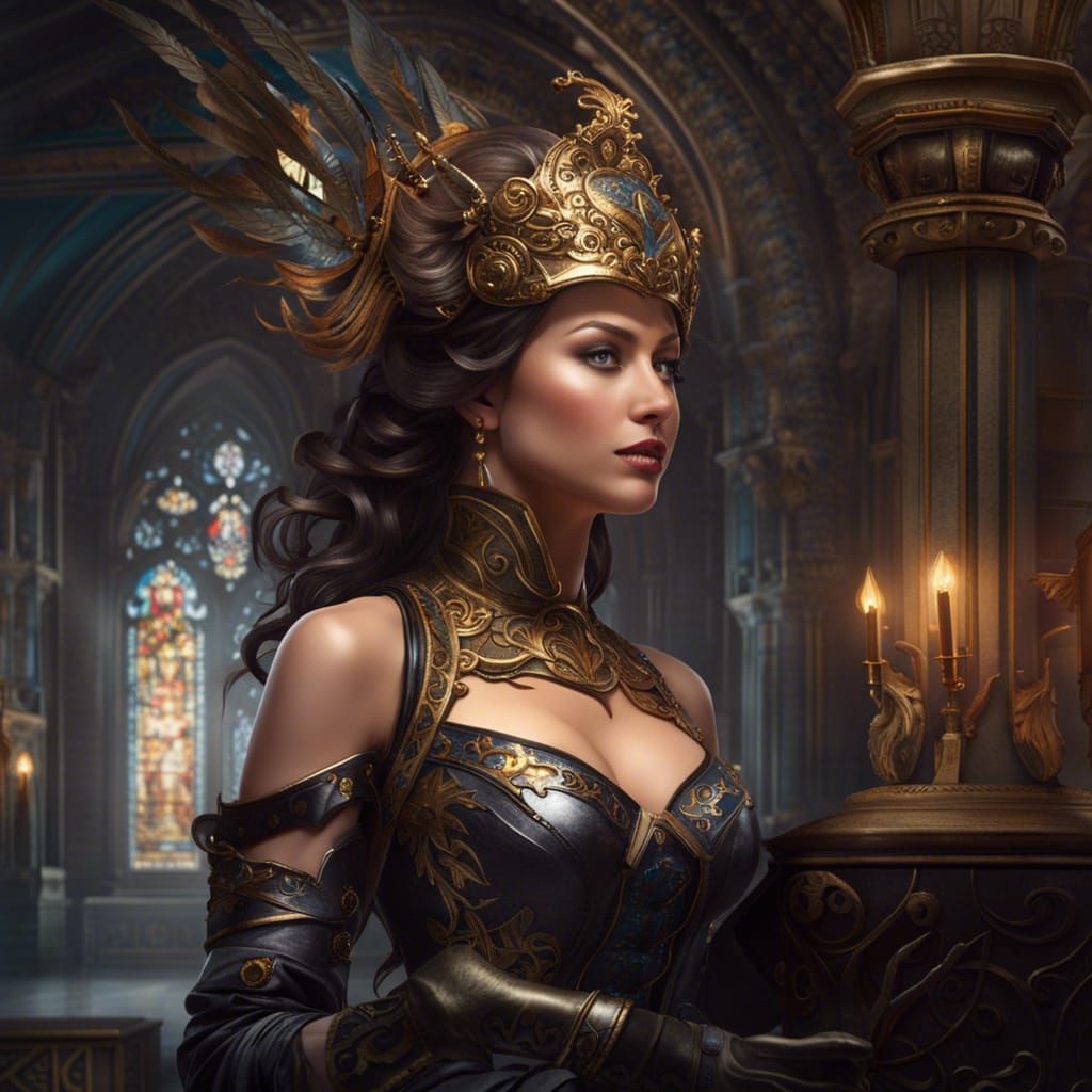 Beautiful knight lady who have sword in hand as well as inside vast Victorian-era Gothic cathedral. Cute industrial plea...