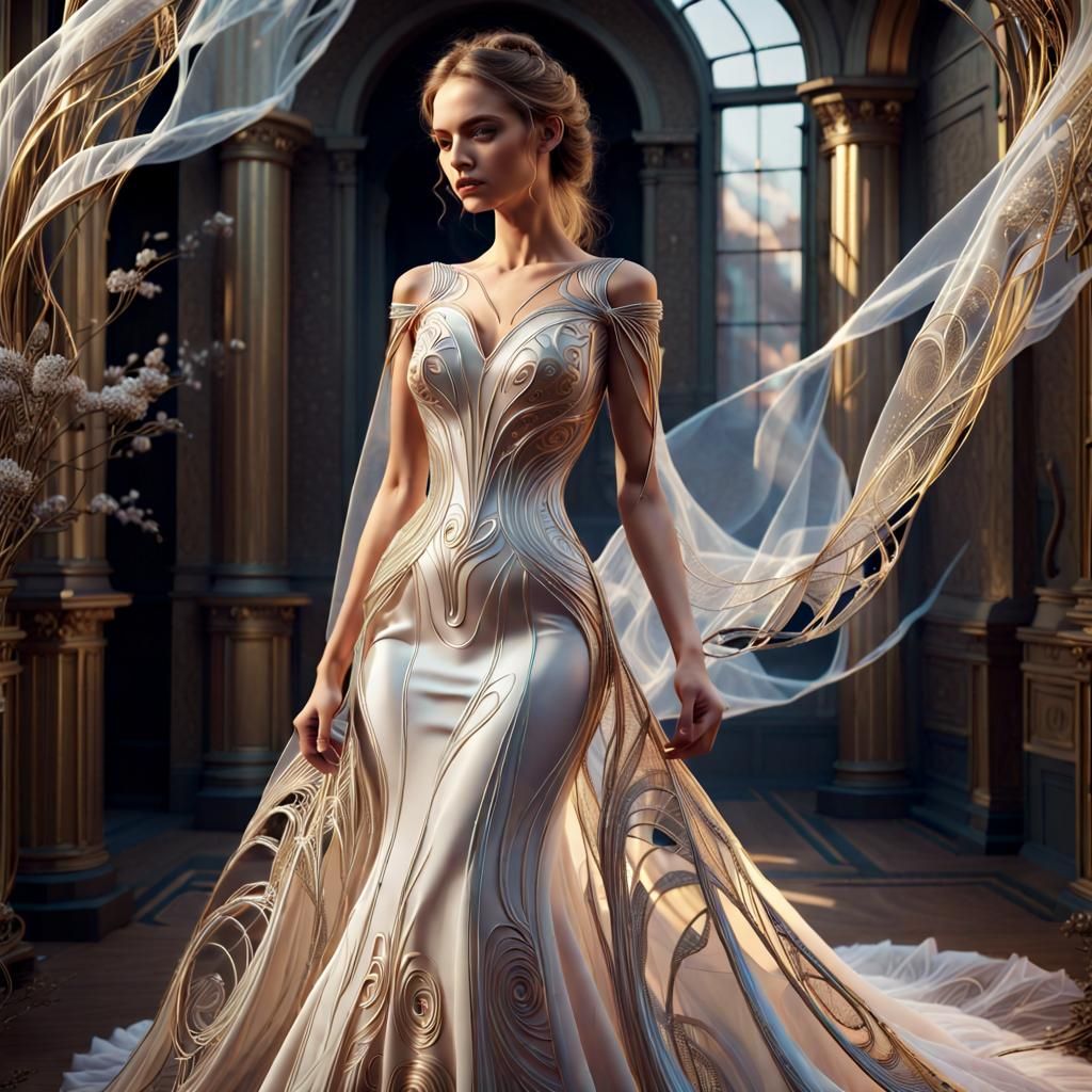 Wedding dress made of very thin threads of precious metal
