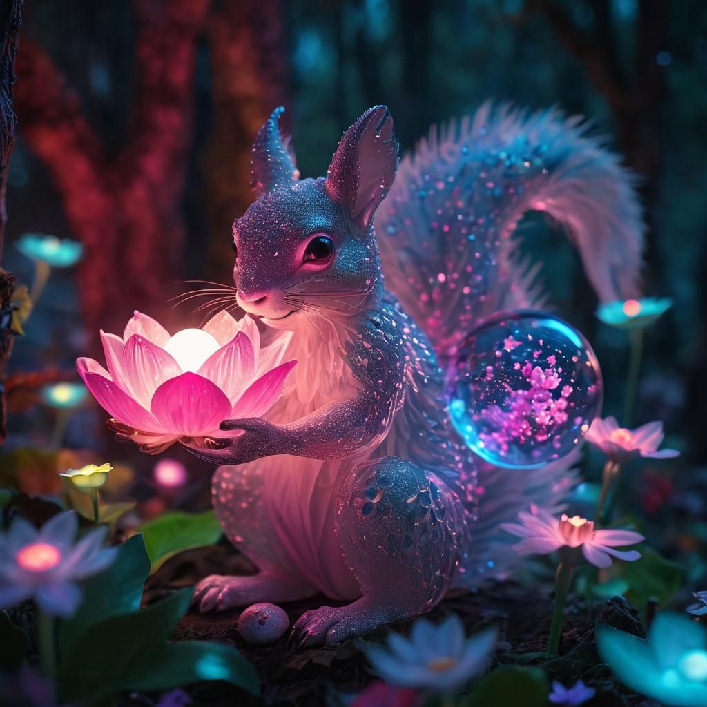 Surreal Glass Squirrel Sculpture in Enchanted Forest