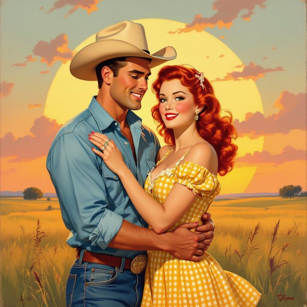 Romantic Prairie Embrace in Pin-Up Style