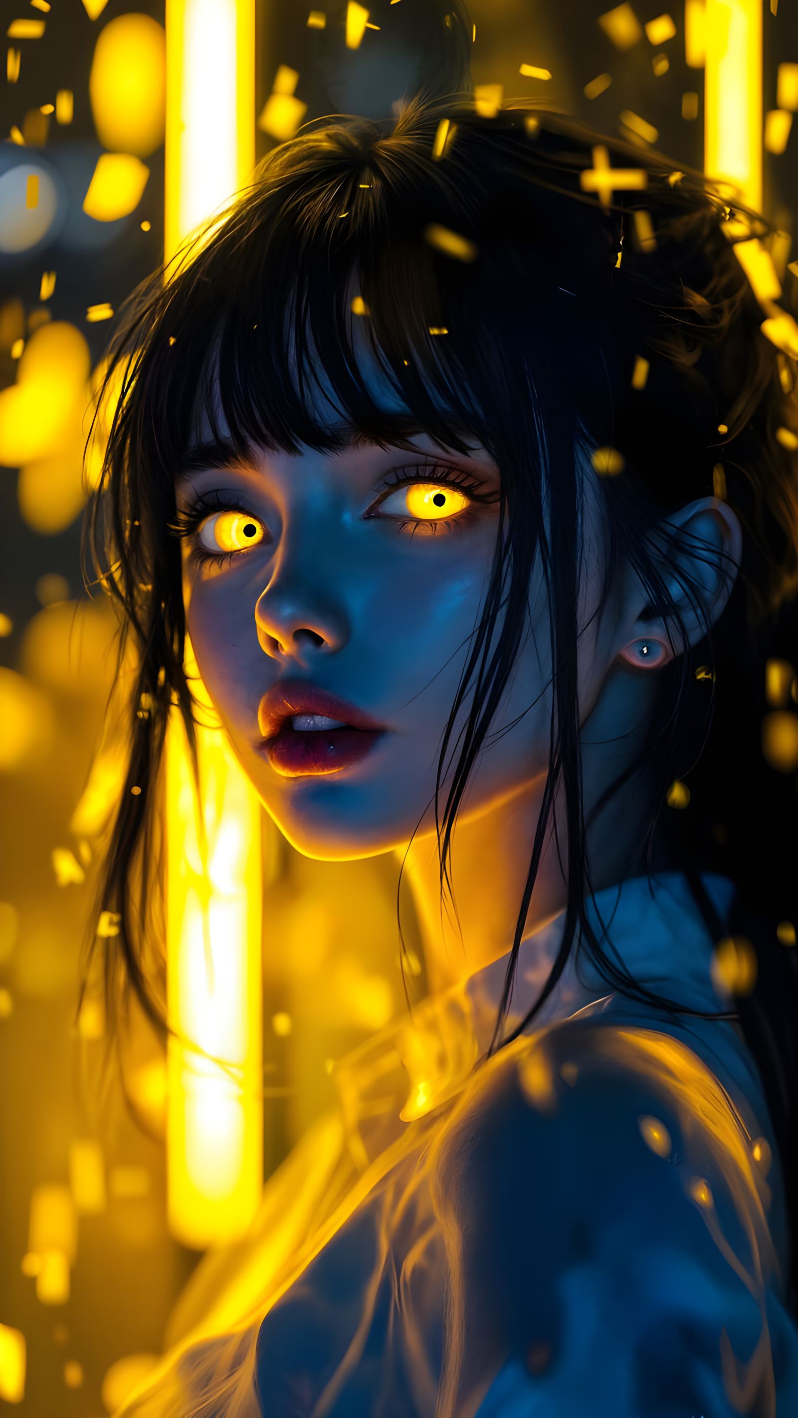 Girl with Yellow Eyes in Neon Anime Style