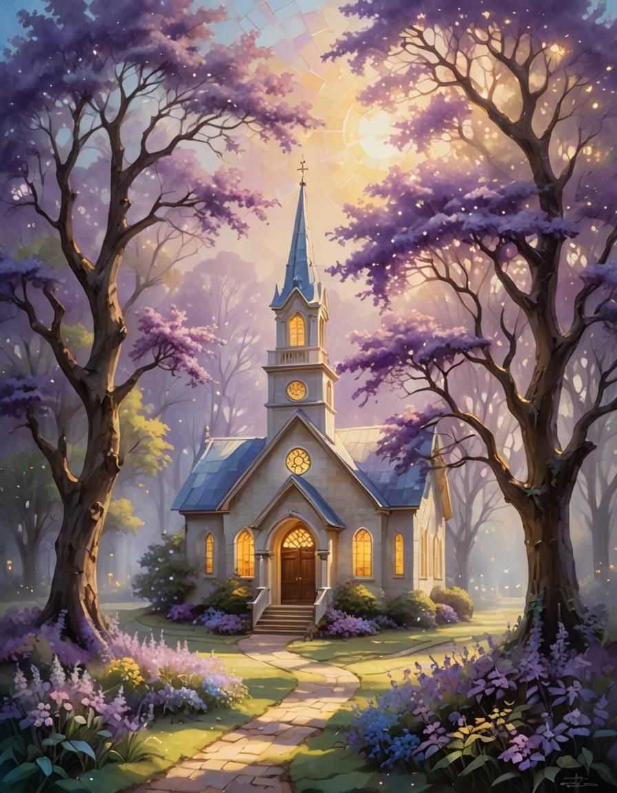 Ethereal Country Church in Dreamy Oil Painting Style