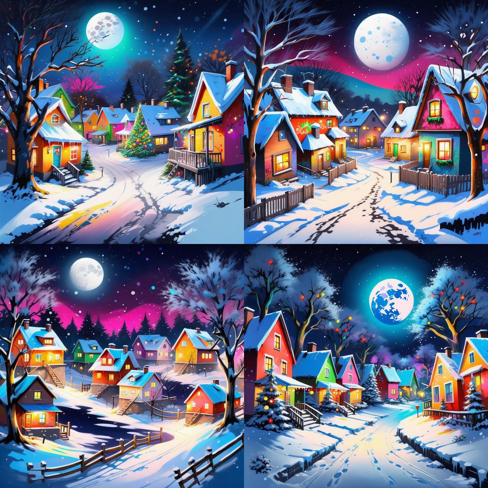 Christmas Village Scene with Graffiti Art