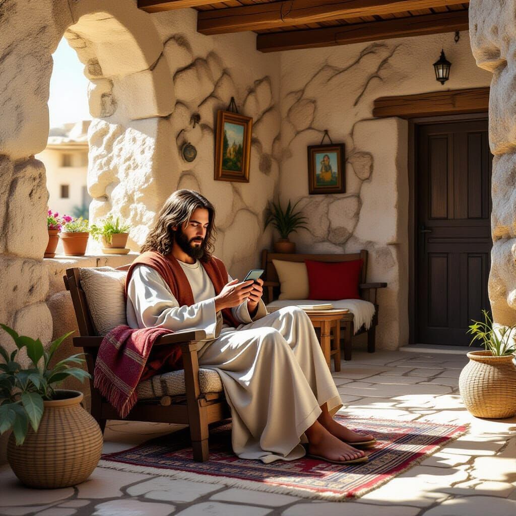Jesus Using Cell Phone in Ancient House as Digital Art