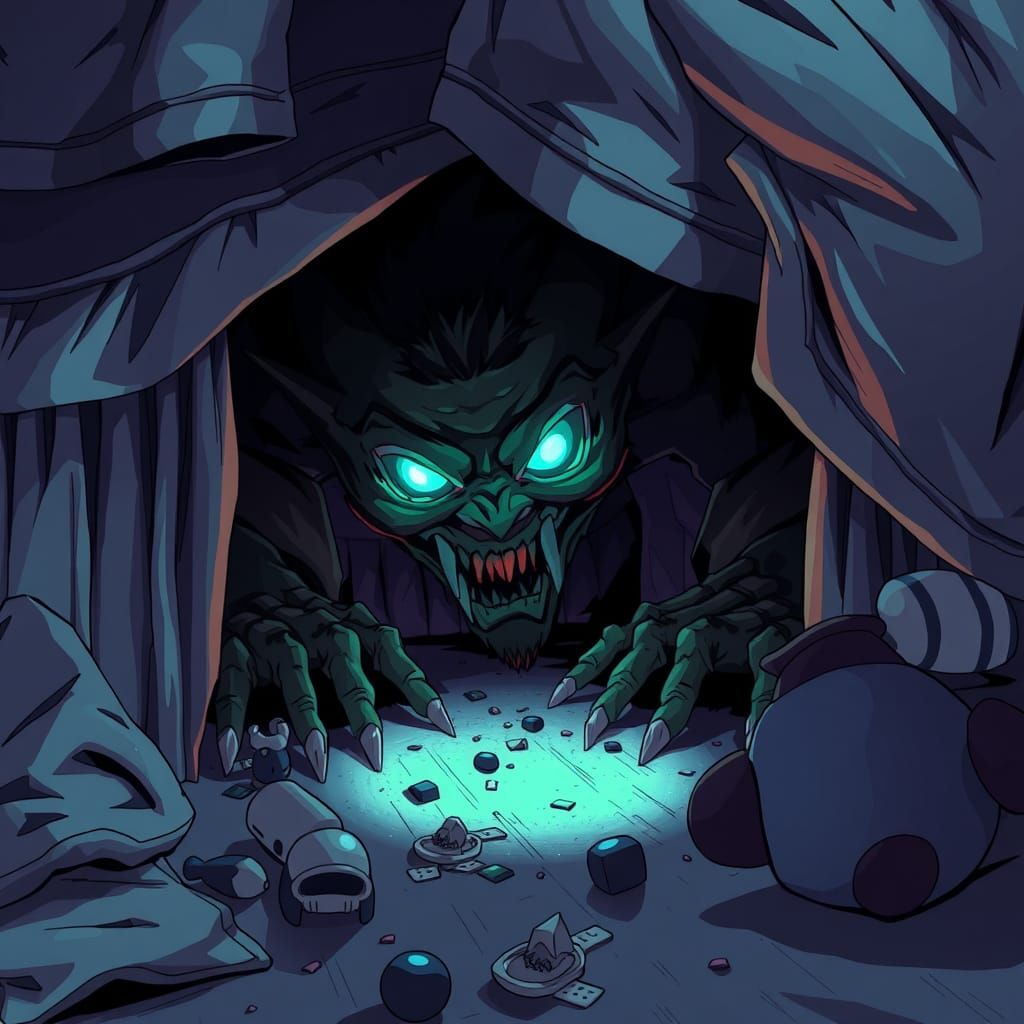 Menacing Monster Under Bed in Anime Style