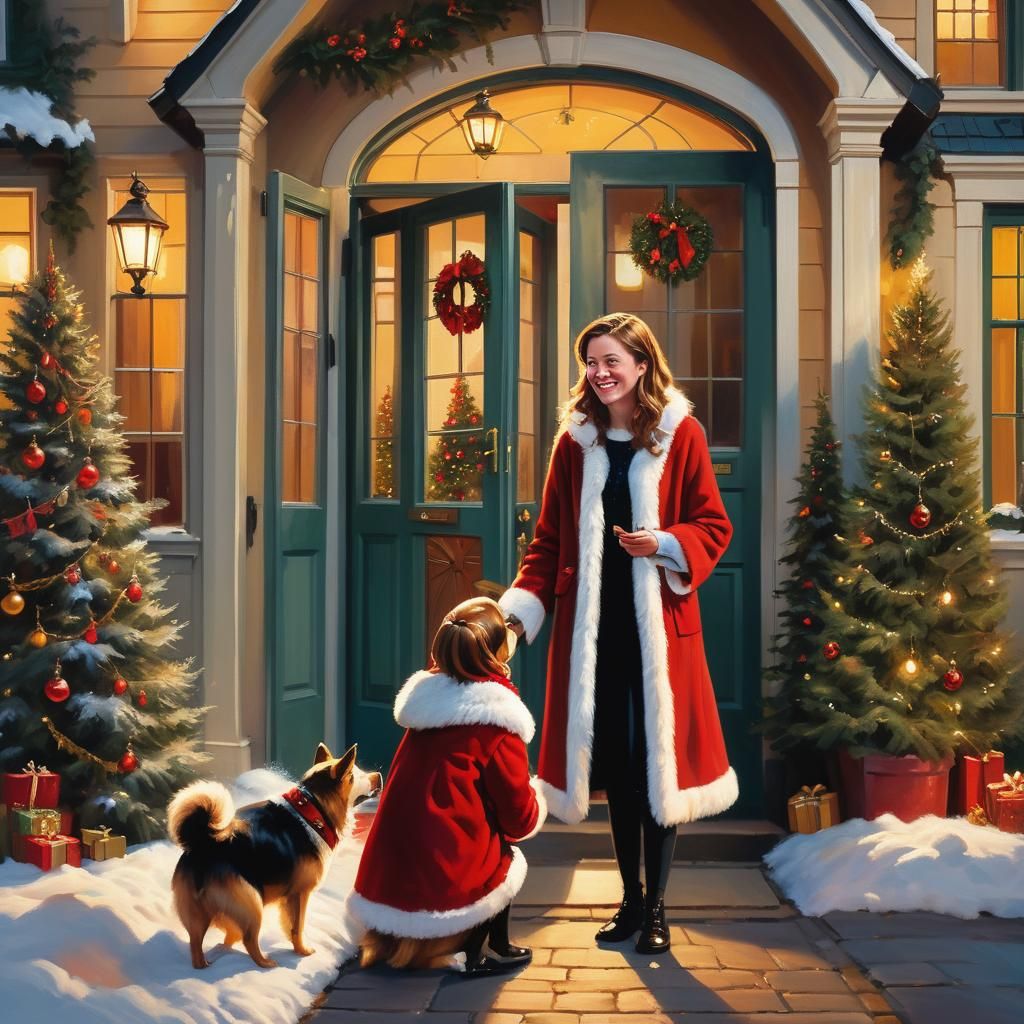 A Young Woman Smiles with Santa Claus in Front of a Festive....