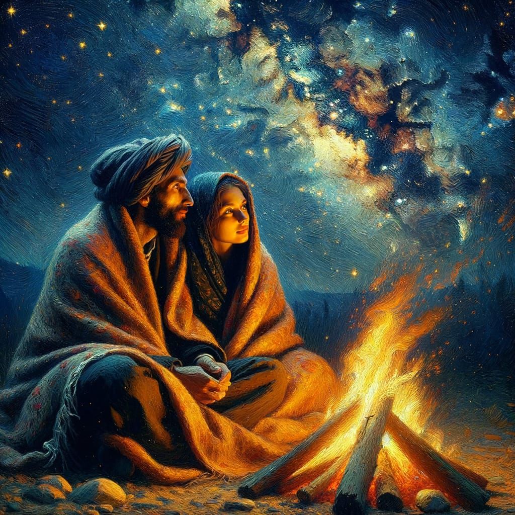 Stargazing Couple Beside Bonfire in Surreal Oil Painting
