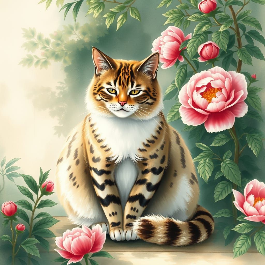 Surreal Chinese Cat in Elegant Watercolor Style