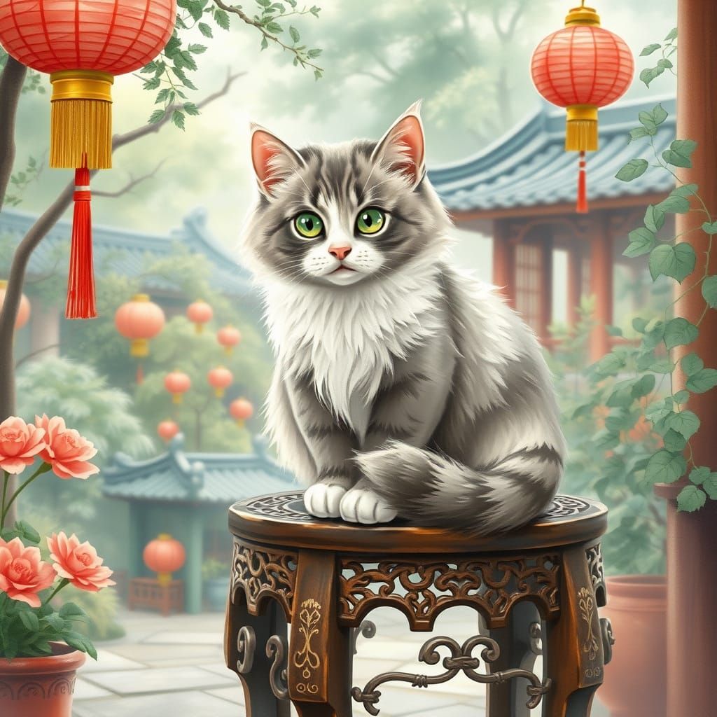 Delicate Watercolor Cat in Traditional Chinese Garden