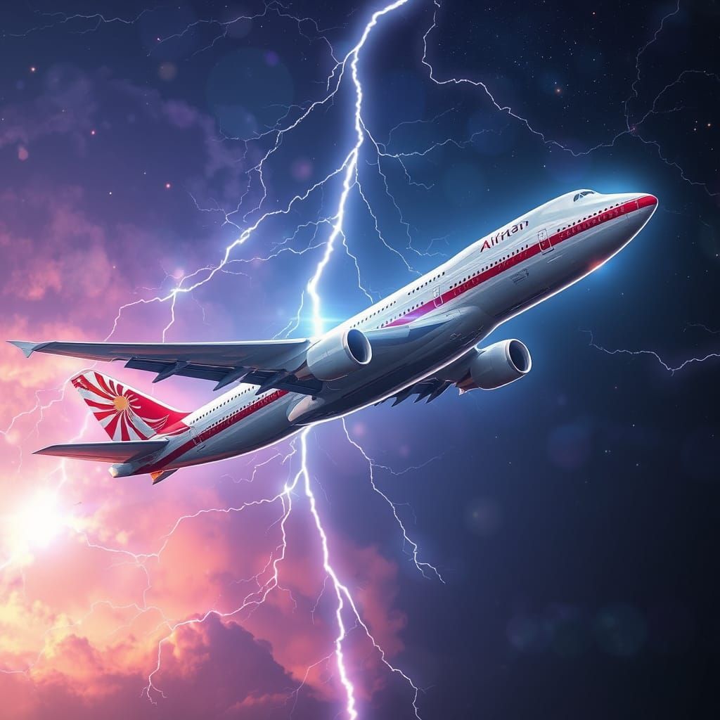 Lightning Strikes 747 Airplane: Astral Cosmic Illustration
