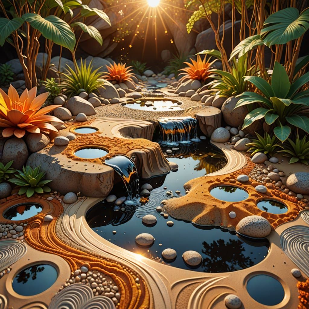 Psychedelic Zen Garden with Melting Mirrors in Surreal Style
