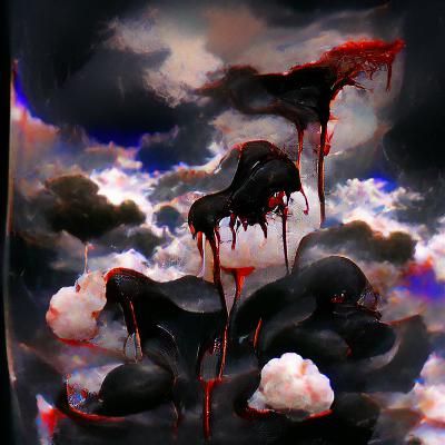Macabre Scene of Corpse with Blood and Dark Clouds