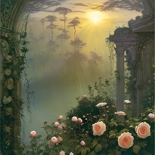 Sunlit Ruins with Roses in Ethereal Style