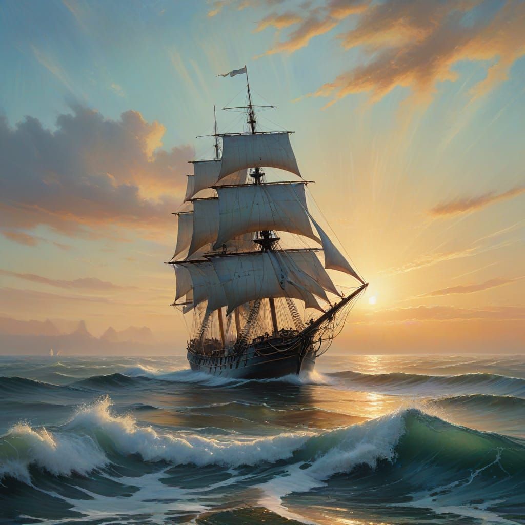 Weathered Sailing Ship on a Tranquil Dawn Sea