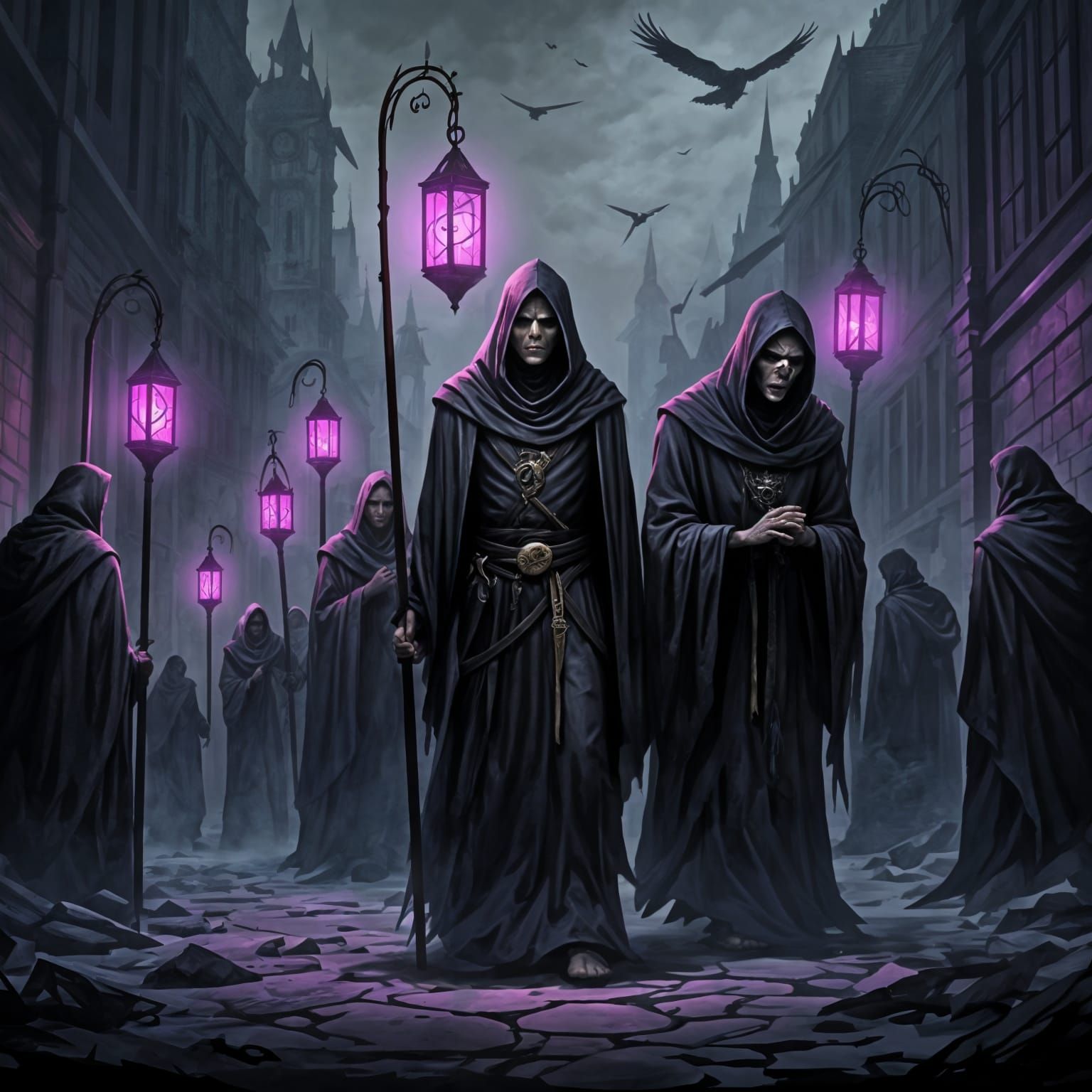 Gothic Procession in Umbrithis Amidst Ash and Shadow