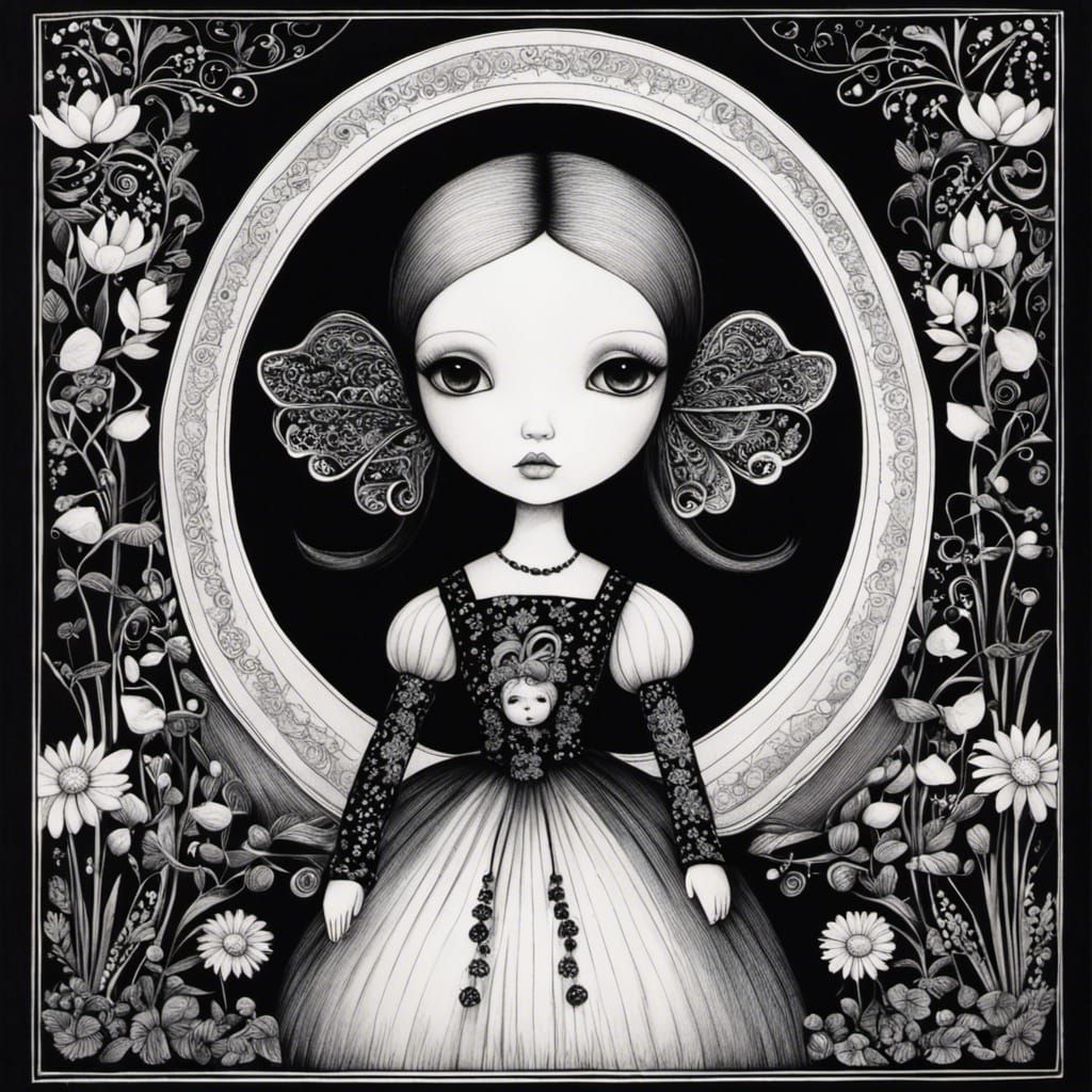 Monochrome Ink Drawing of a Vintage Doll