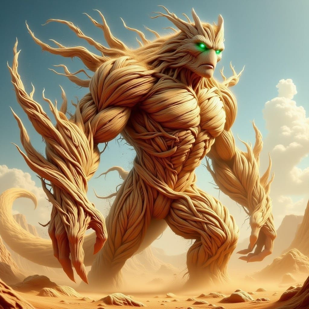 Towering Sand Elemental Dissolving into Golden Sand