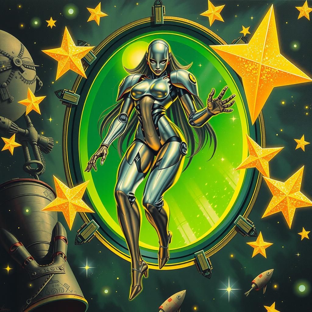 Retro Cyberpunk Robot Jumps Through Space Portal