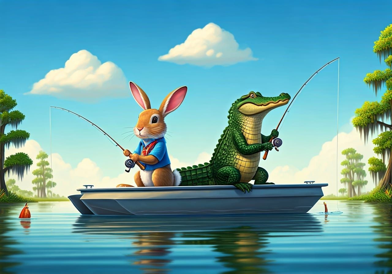 Rabbit and Alligator Fishing on the Bayou