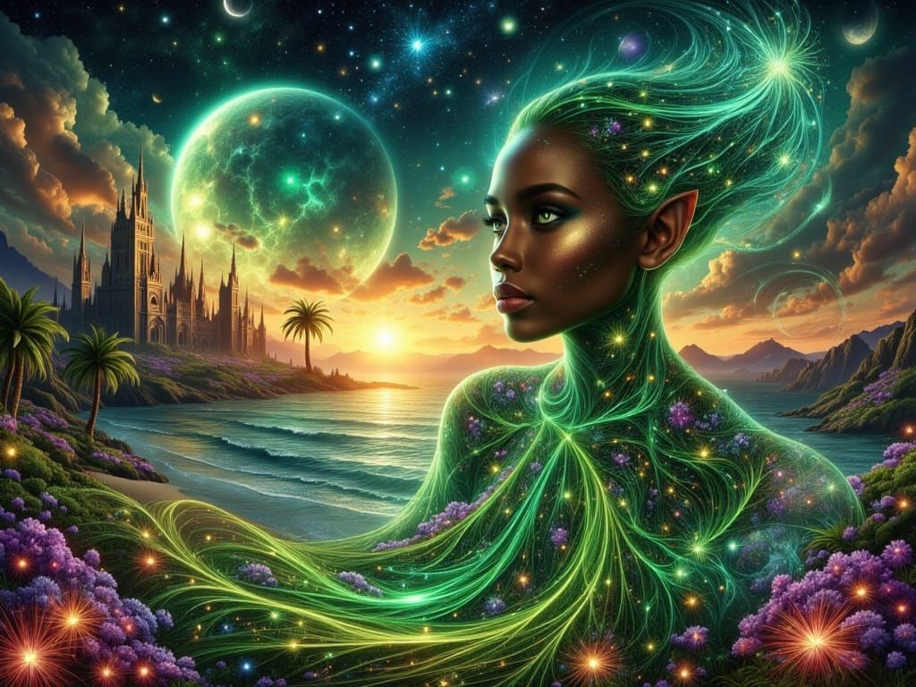 Elf Woman in Bioluminescent Gown Amidst Intergalactic Desert