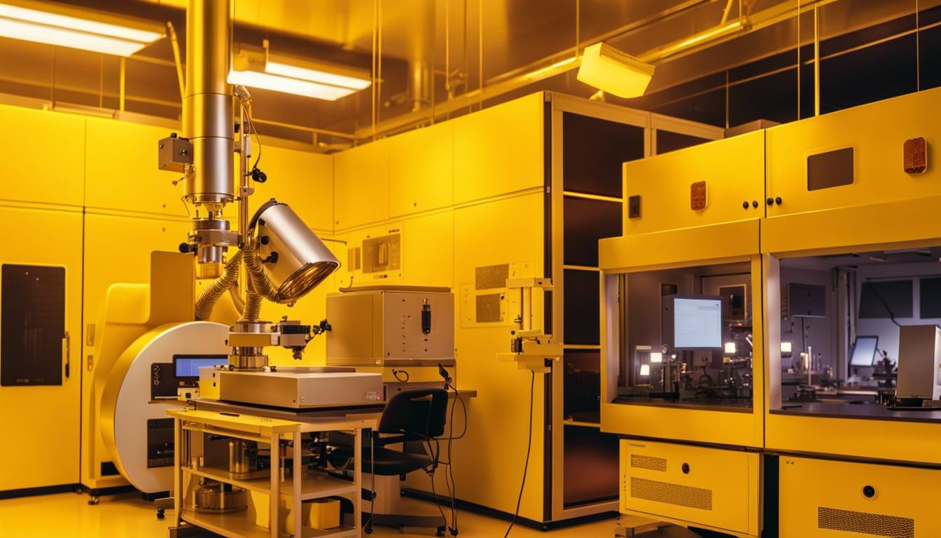 High-Resolution Photonics Lab Cleanroom with Yellow Illumina...