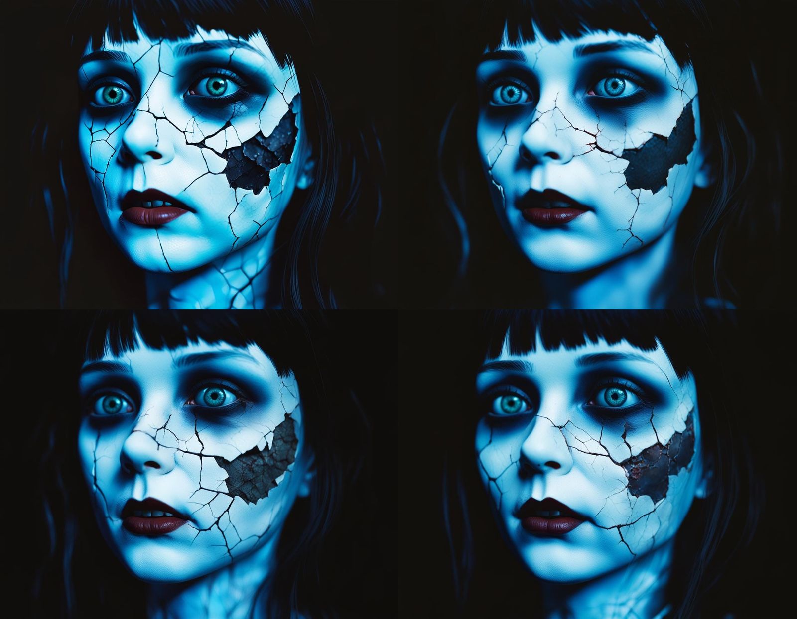 Gothic horror photorealism. close-up portrait of a woman with cracked face and a fractured porcelain doll complexion. da...